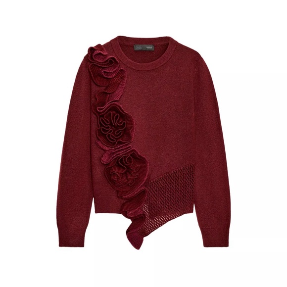 Zara Sweaters - Women's Burgundy Floral Ruffle Knit Sweater